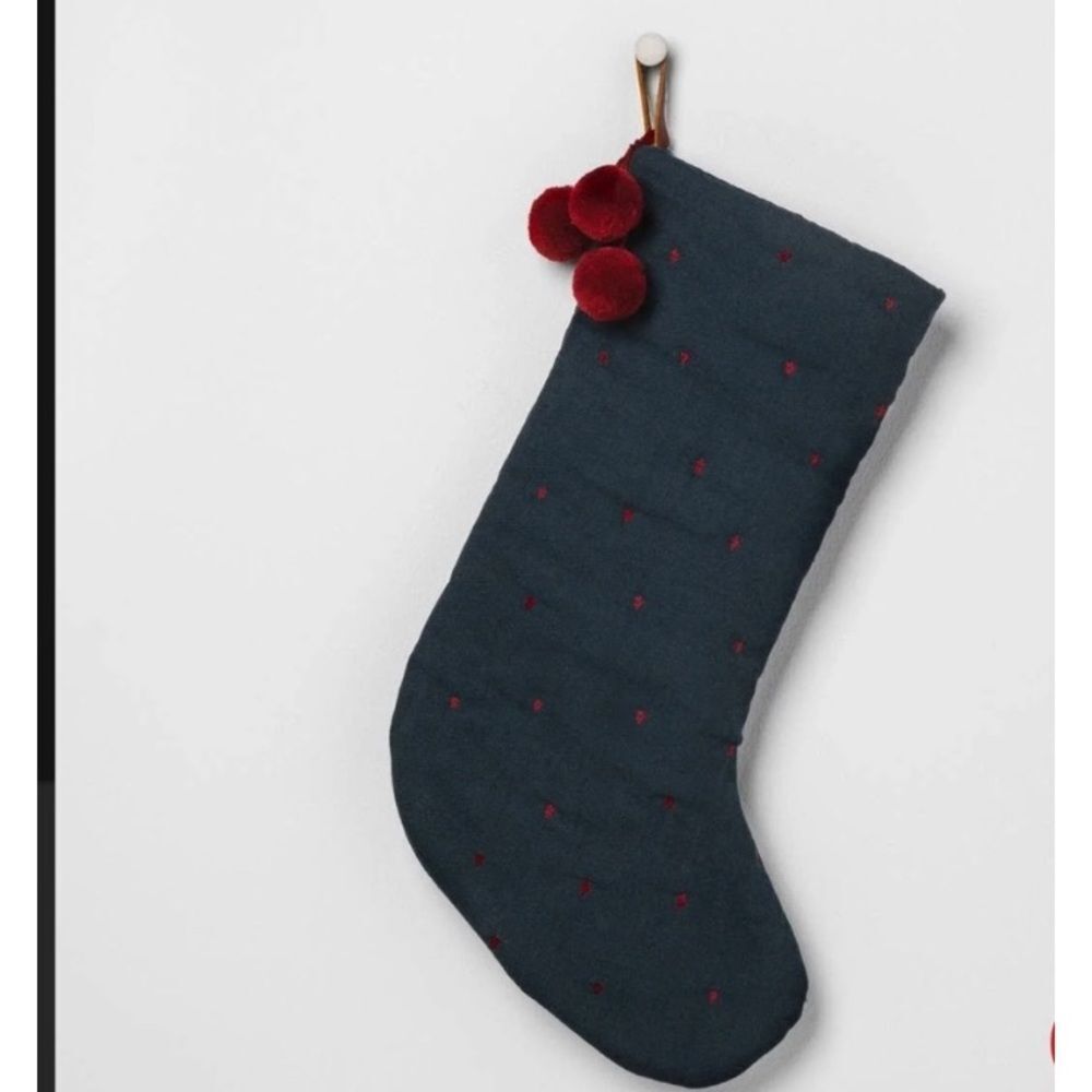 Hearth & Hand Embroidered Dark Green Quilted Christmas Stocking with PomPoms